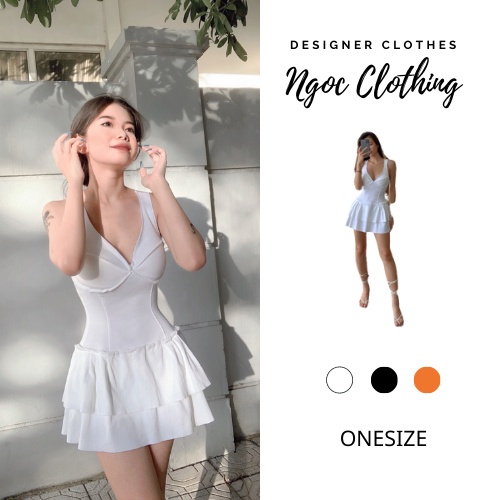 Đầm 2s bản to, xẻ cổ có lót ngực, dáng xoè 2 tầng màu ĐEN, CAM, TRẮNG HOT
