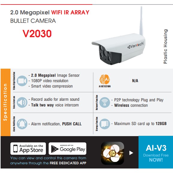 Camera IP Wifi Vantech V2030 Full HD 1080P 2.0MP Led Hống Ngoại 20M, Báo Động Thông Minh