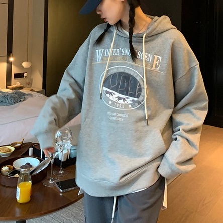 Áo Hoodie Tay Dài Form Rộng Họa Tiết In Theo Phong Cách Preppy Dễ Phối Đồ