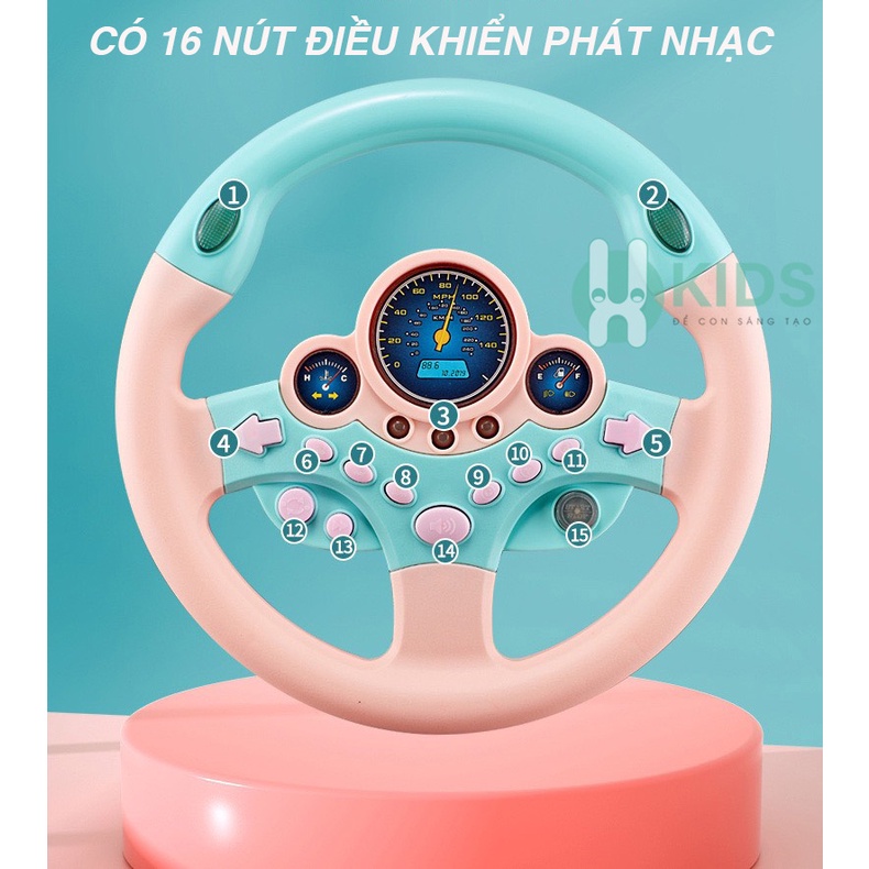 Đồ chơi vô lăng có 16 nút điều khiển kèm đèn led phát nhạc, vô lăng đồ chơi gắn xe ô tô xoay 360 độ cho bé