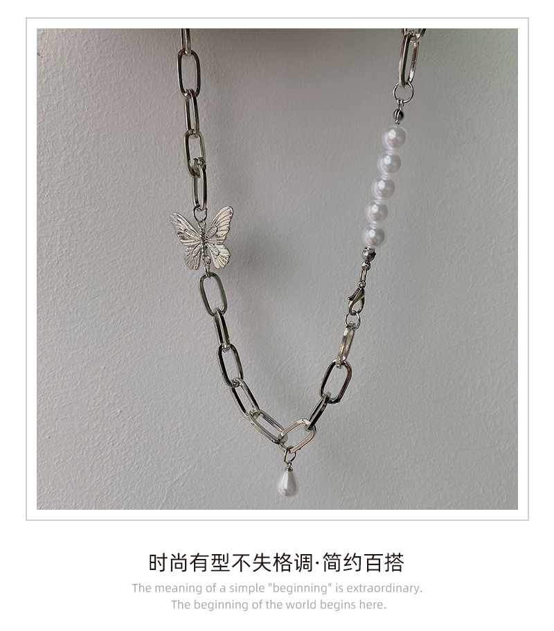 Vòng cổ 22658 dạng dây xích nối dày mặt hình bướm bằng kim loại đính ngọc trai thời trang cá tính dành cho nữ