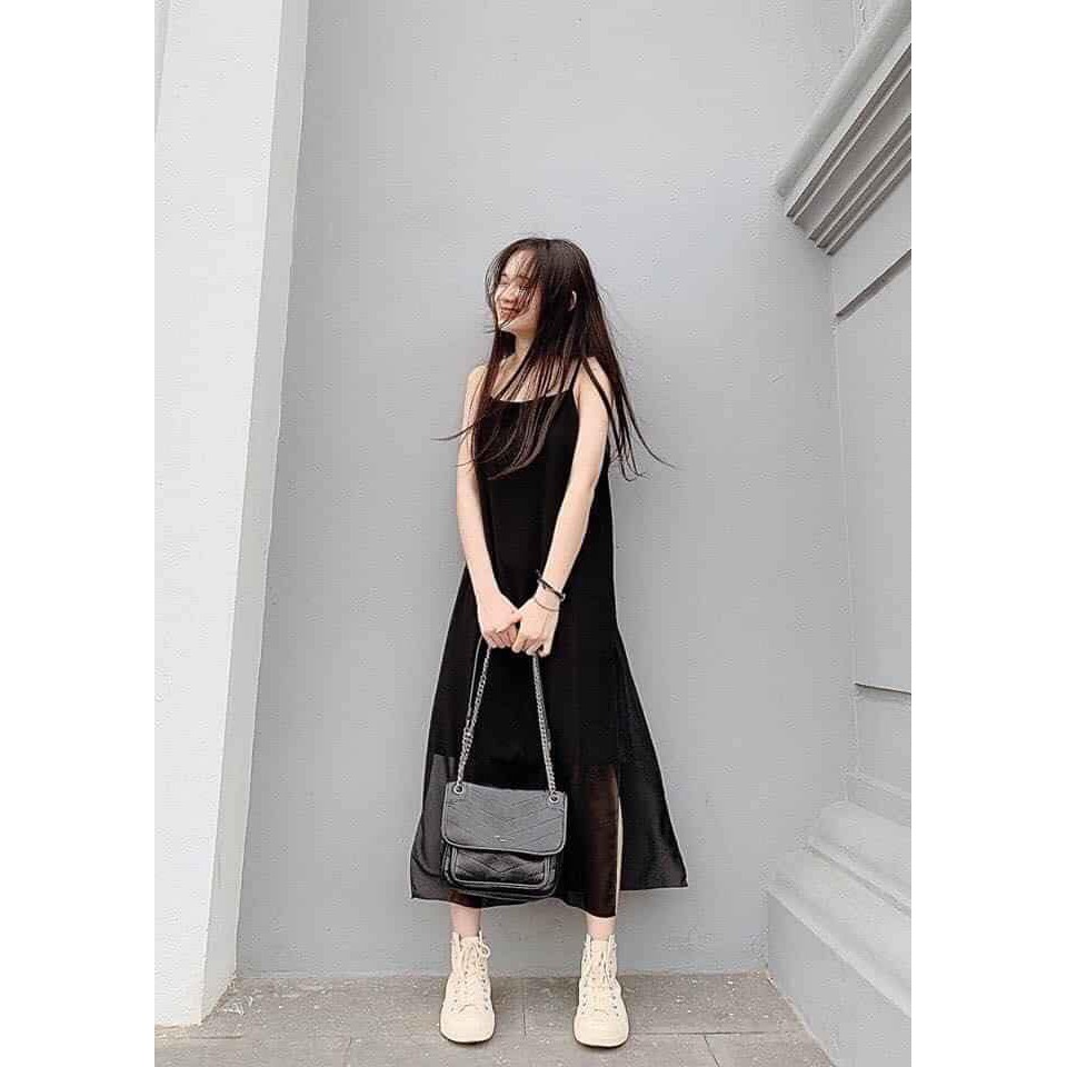 Váy 2 dây xuông xẻ vạt 2 bên cá tính dài qua gối / váy suông | BigBuy360 - bigbuy360.vn