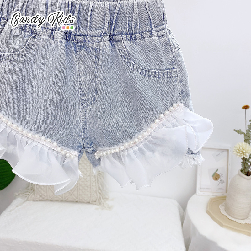 Quần Short Denim Viền Ren Đính Ngọc Trai Thời Trang Cho Bé Gái (3-8 Tuổi)