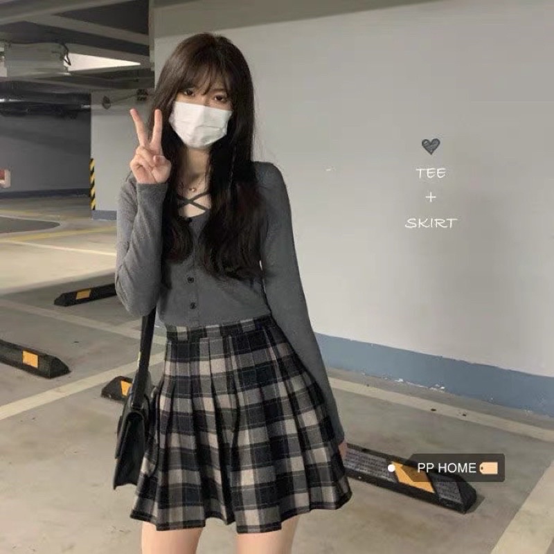 Sét áo thun croptop kèm chân váy dạ kẻ có size SM (hàng sẵn)