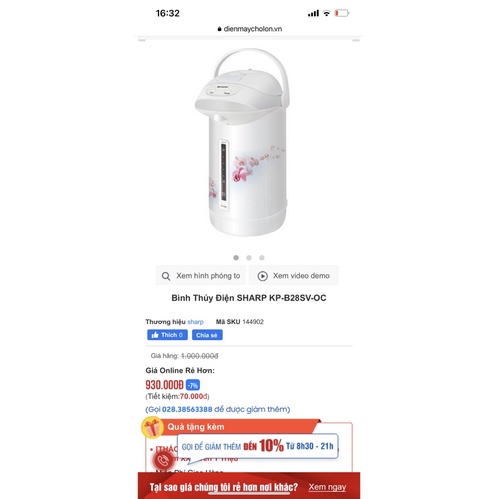 Bình thủy điện Sharp 2.8 lít. Hàng chính hãng, sản xuất Thái Lan, bảo hành 12 tháng.