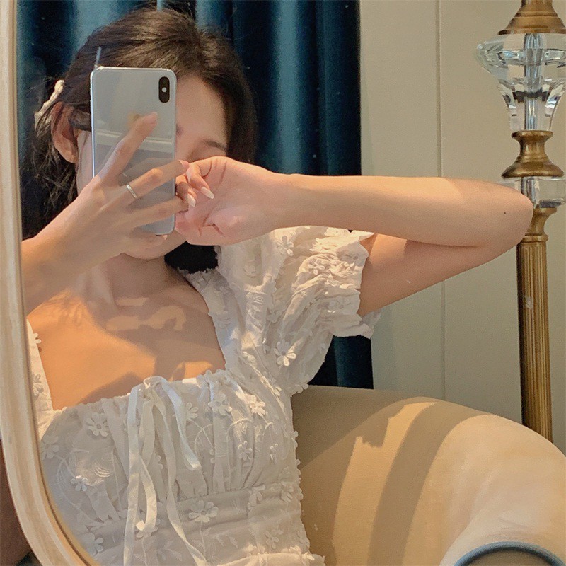 Đầm Tay Phồng Ôm Eo Cổ Vuông In Họa Tiết Hoa Nữ Tính Kiểu Hàn Quốc | BigBuy360 - bigbuy360.vn