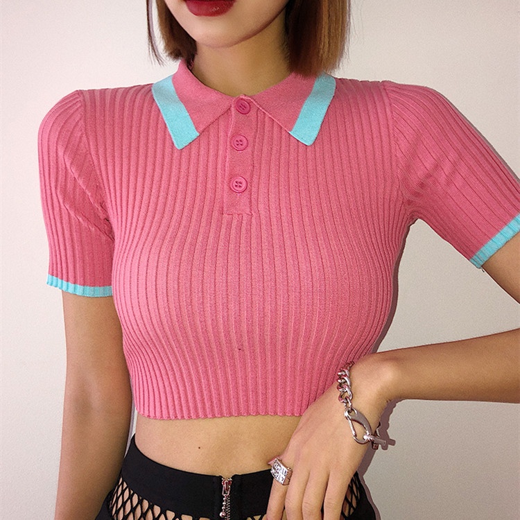 SUXI Áo Thun Croptop Dệt Kim Phối Nút Màu Tương Phản Kiểu Hàn Quốc Cá Tính