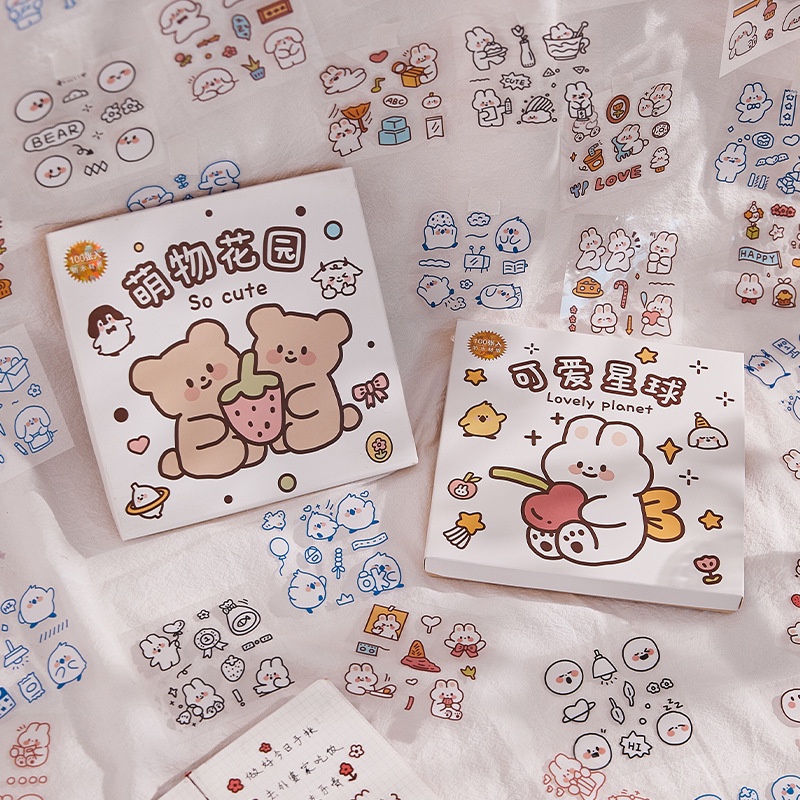 Hộp 100 tờ stickers nhựa trong PET PVC dễ thương không trùng mẫu