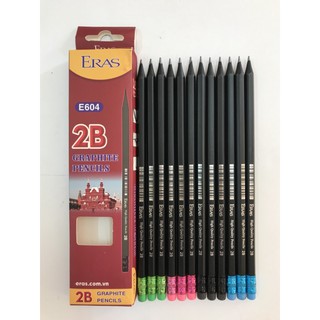 Hộp 12 chiếc bút chì gỗ đen 2b có tẩy eras - e604