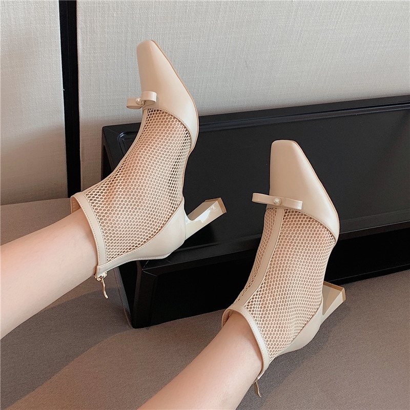 2021Early Autumn New Style White Mesh Boots Internet Hot High Heels Sandal Boots Summer Thin Hollow Chunky Mid Heel Booties