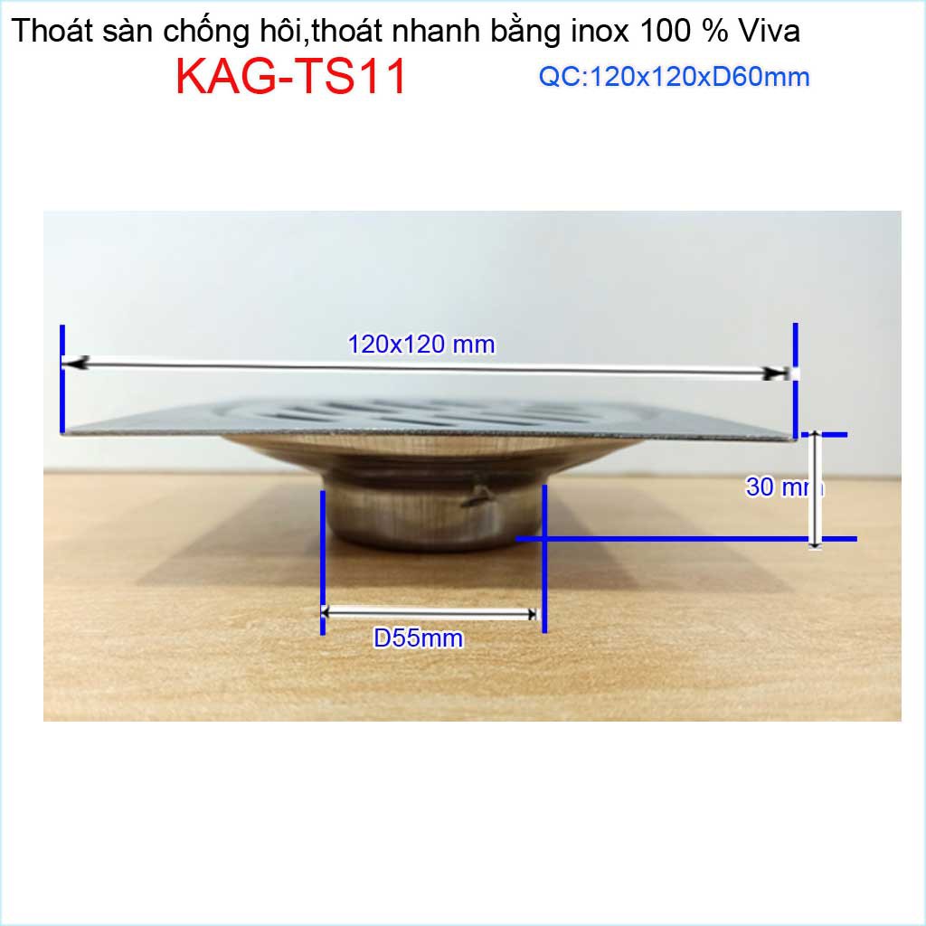 Hố ga thoát sàn Viva ống 6cm Inox mờ, phễu thoát nước chống hôi D60 vuông 12x12cm KAG-TS11