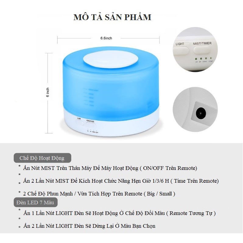 Máy xông tinh dầu phun sương đèn LED 7 màu tuỳ biến theo sở thích kèm remote điều khiển từ xa.