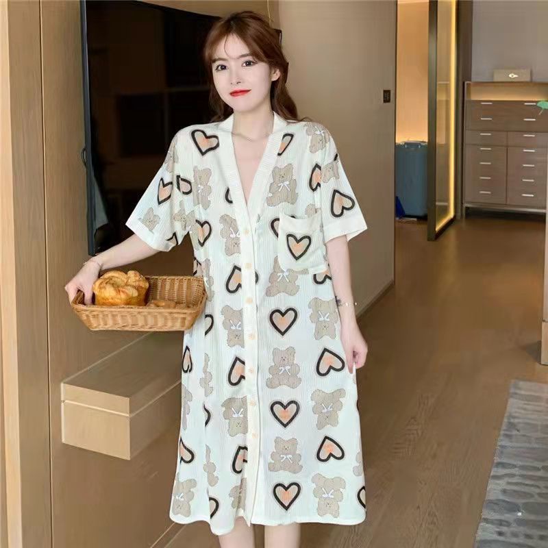 Đầm Ngủ Dài Qua Gối Tay Ngắn Cổ Chữ V Dáng Rộng In Họa Tiết Hoạt Hình Phong Cách Nhật Hàn Thời Trang Mùa Hè Cho Nữ