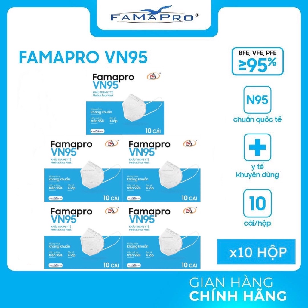 Set 10 cái Khẩu trang N95 Famapro Màu Trắng N95 4 lớp Kháng Khuẩn