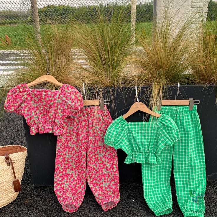 Set Đồ 2 Món Áo Tay Ngắn Họa Tiết Sọc Caro Thời Trang Mùa Hè Phong Cách Hàn Quốc Cho Bé Gái