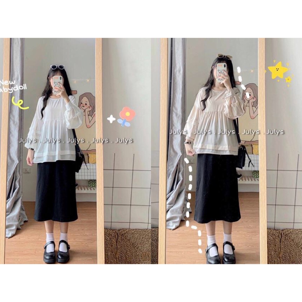 [CÓ SẴN - VIDEO THẬT] Áo voan babydoll tay bồng thắt nơ tay