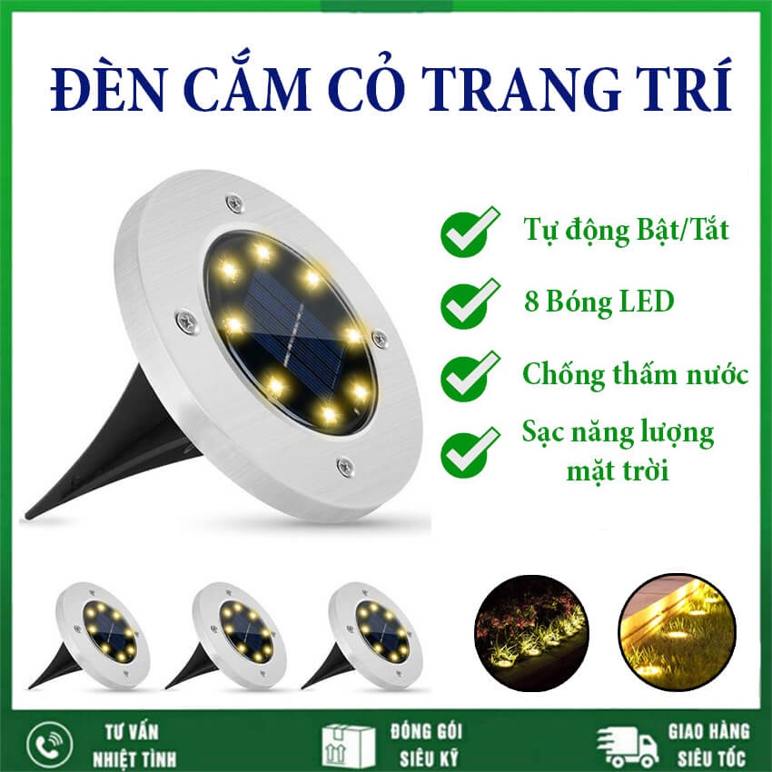 Đèn Cắm  Cỏ Sân Vườn Năng Lượng Mặt Trời 8 Led Trang Trí Sân Vườn, Lối Đi, Chiếu Sáng Tiểu Cảnh, Chống Nước IP65