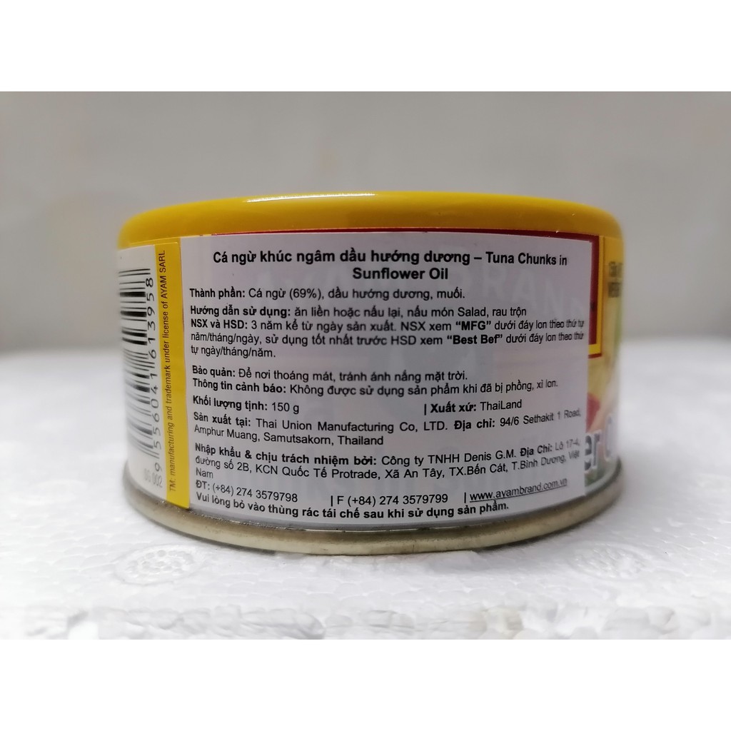 [Hộp tròn 150g] [CHUNKS - MÀU VÀNG] CÁ NGỪ KHÚC NGÂM DẦU HƯỚNG DƯƠNG [Thailand] AYAM Tuna Chunks in sunflower oil (halal