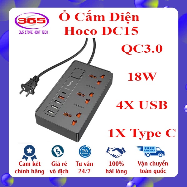 Ổ Cắm Điện đa năng Hoco DC15 tích hợp cổng sạc nhanh 18W Type C và USB có chức năng chống giật bảo hành 12 tháng