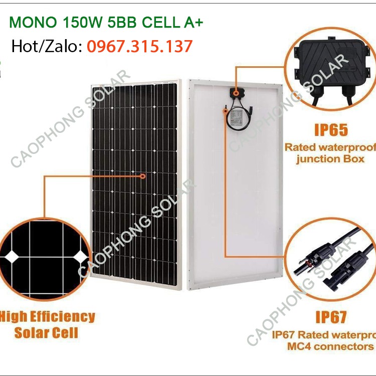 Tấm pin mặt trời mono 150W cells A+ hiệu suất cao