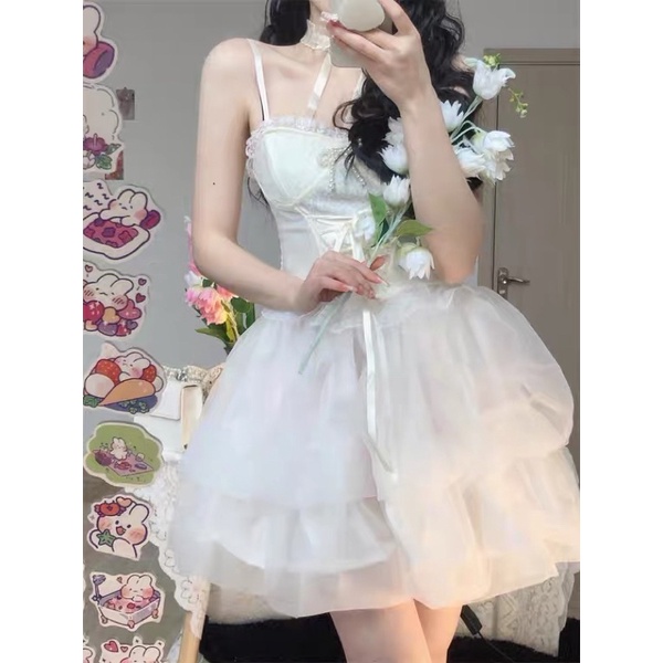 Set váy áo Công chúa đan nơ viền ren dáng xòe dạng tầng Xuân Hè loại đẹp