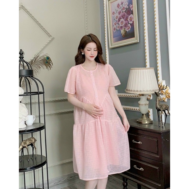 Đầm bầu dáng babydoll chất đũi tơ, Váy bầu xinh