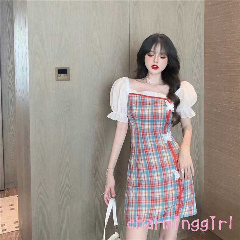 Đầm sườn xám tay phồng cổ vuông họa tiết sọc caro phong cách retro thời trang cho nữ