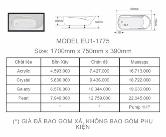 BỒN TẮM DÀI 2 YẾM EUROCA  - MODEL EU1 - 1775 - BẢO HÀNH 3 NĂM