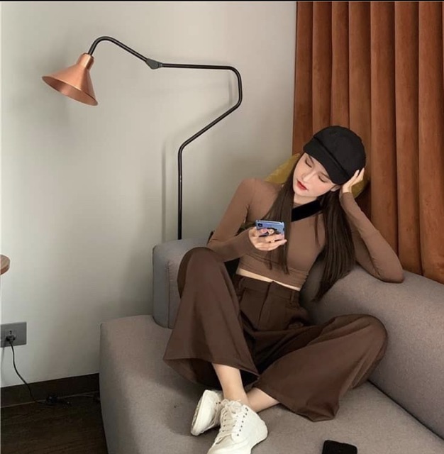 Áo Tay Dài Thun Ulzzang Nâu, [ADORABLE], Quần Kaki Dài Nâu Hot Trend 2021 Ảnh Thật