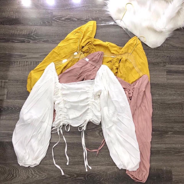 🌷Áo Croptop Cổ Vuông Nhúng Rút Eo