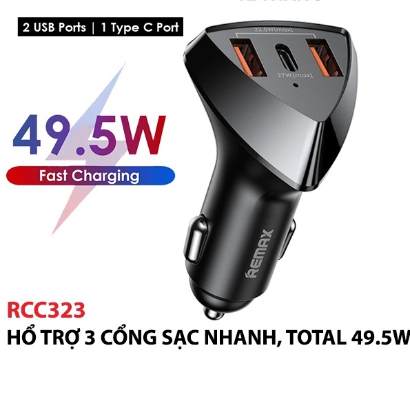CHÍNH HÃNG  Cốc sạc nhanh xe hơi Remax RCC 323 / 322 Alien III Series 3 2 cổng USB 1 cổng USB Type C max 49.5W