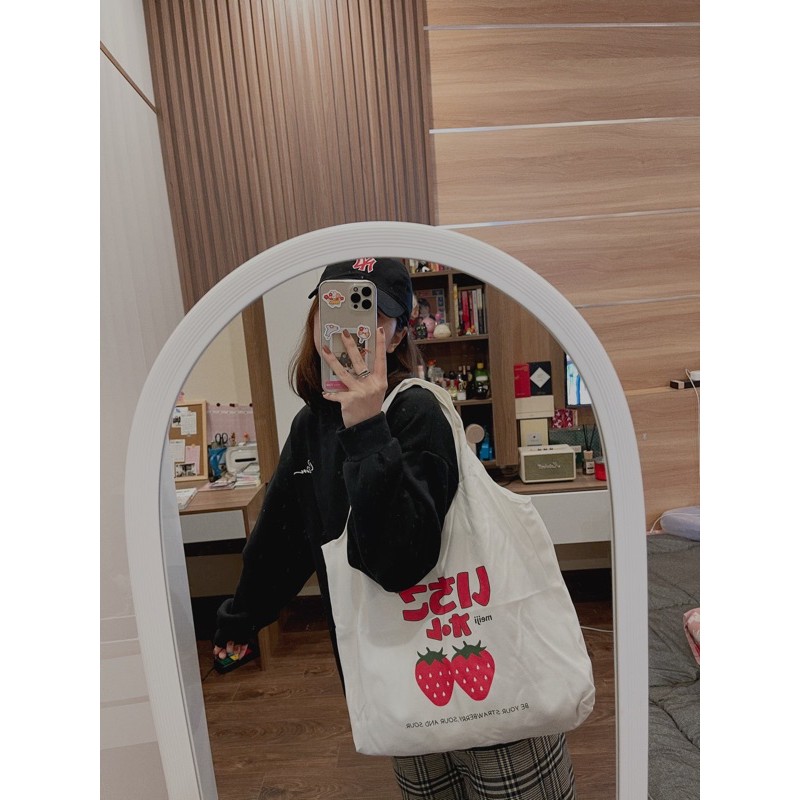 T125/Túi Tote Túi Vải Canvas Phong Cách Nhật Bản Thời Trang Ulzzang Hình Dâu