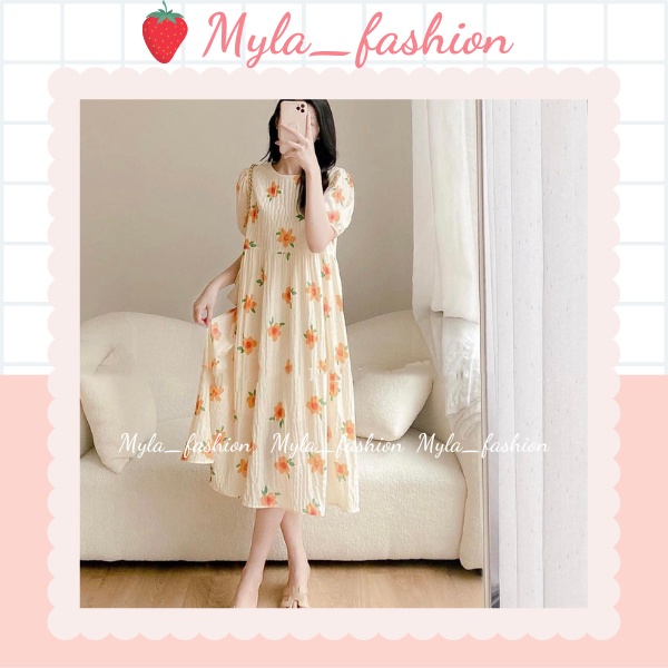 Váy babydoll hoa cam dáng dài chun tay