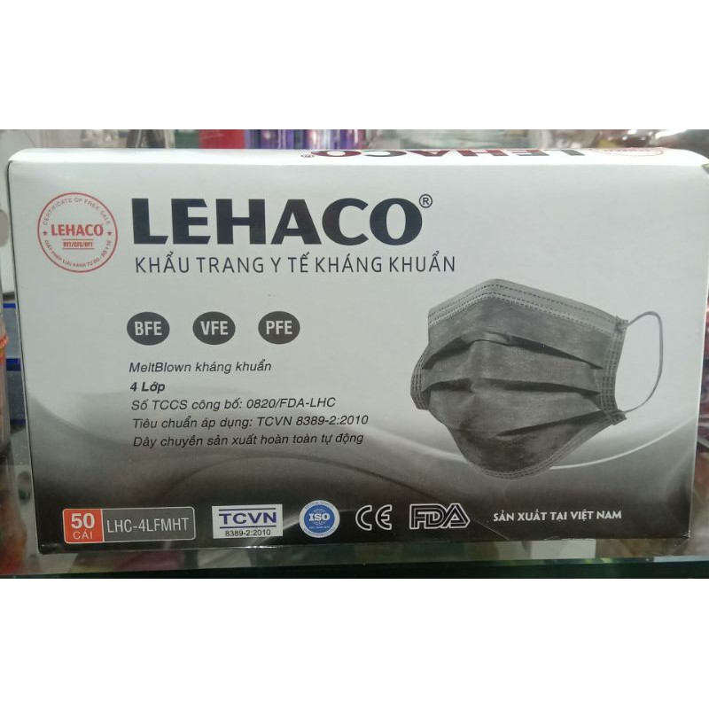 Khẩu trang Lehaco 4 lớp, vải kháng khuẩn -Hộp 50 cái màu xám than hoạt tính