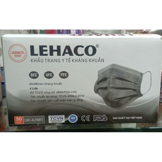 Khẩu trang Lehaco 4 lớp, vải kháng khuẩn -Hộp 50 cái màu xám than hoạt tính