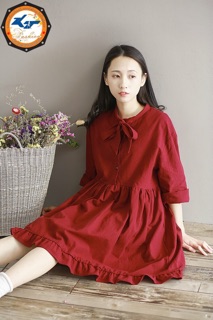 ĐẦM Linen Babydoll ĐỎ ĐÔ CỔ NƠ