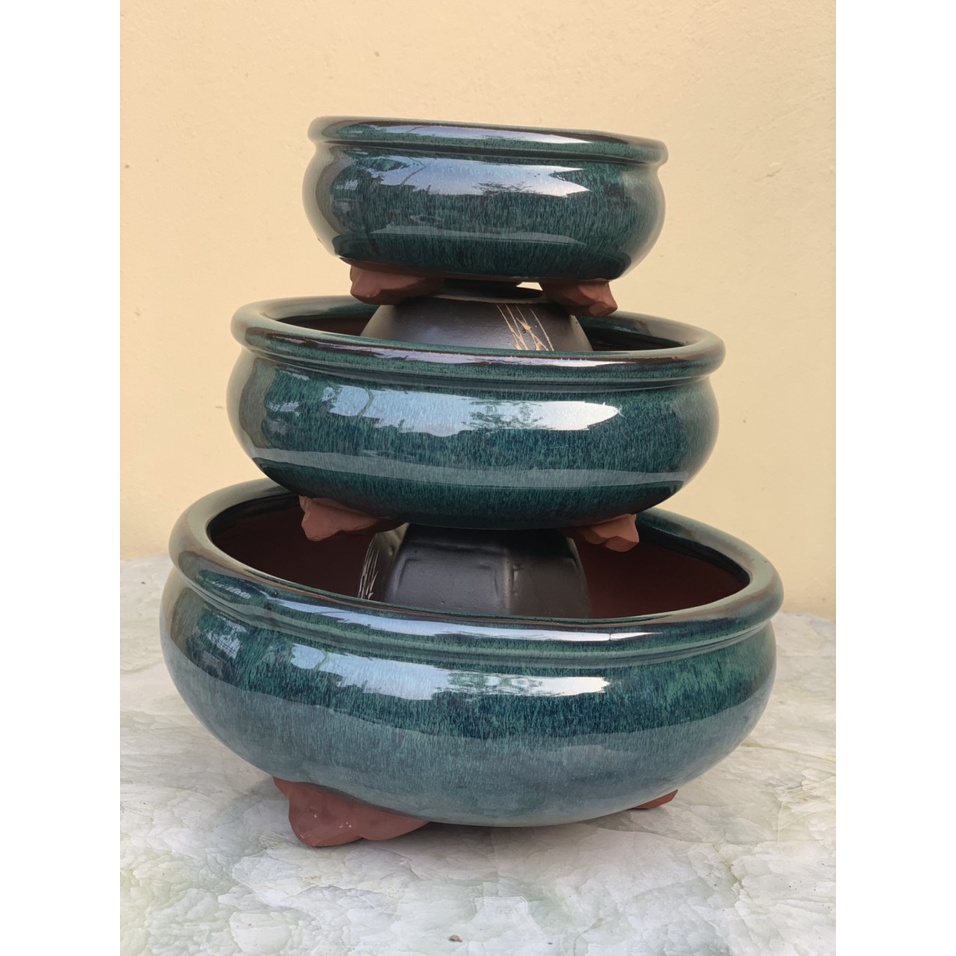 Chậu bonsai Tròn mini xanh ngọc gốm Bát tràng 3 size BM-192