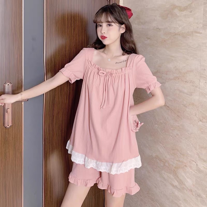 Bộ ngủ tay bèo cổ nơ chất liệu thấm hút mồ hôi, bộ ngủ tiểu thư đáng yêu nhiều màu tôn da