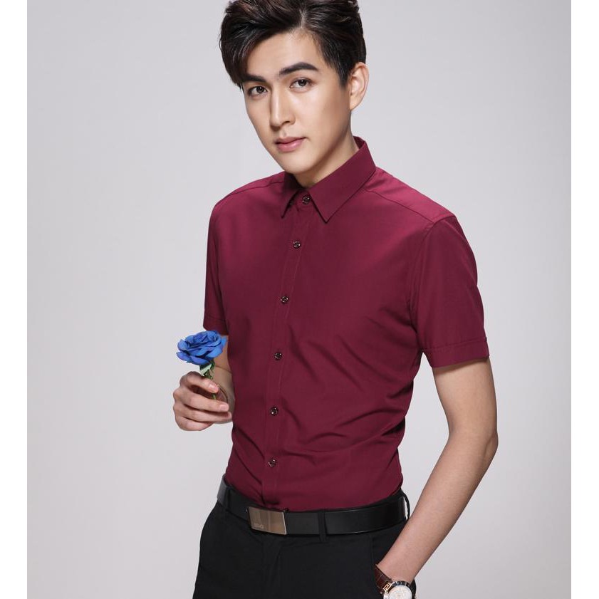 Áo Sơ Mi Lụa Cotton nam Ngắn tay Màu Đỏ Đô(7 Size từ 40kg đến 85kg) - FashionQuocDai