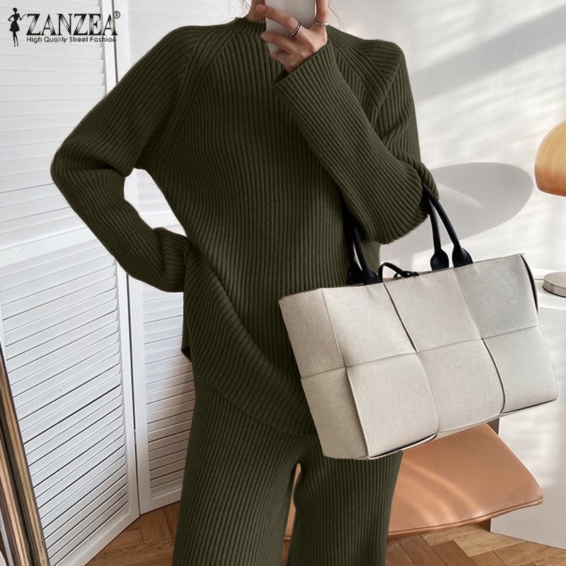 Bộ đồ nữ ZANZEA gồm áo sweater cổ tròn và quần dài lưng co giãn màu trơn đơn giản thời trang