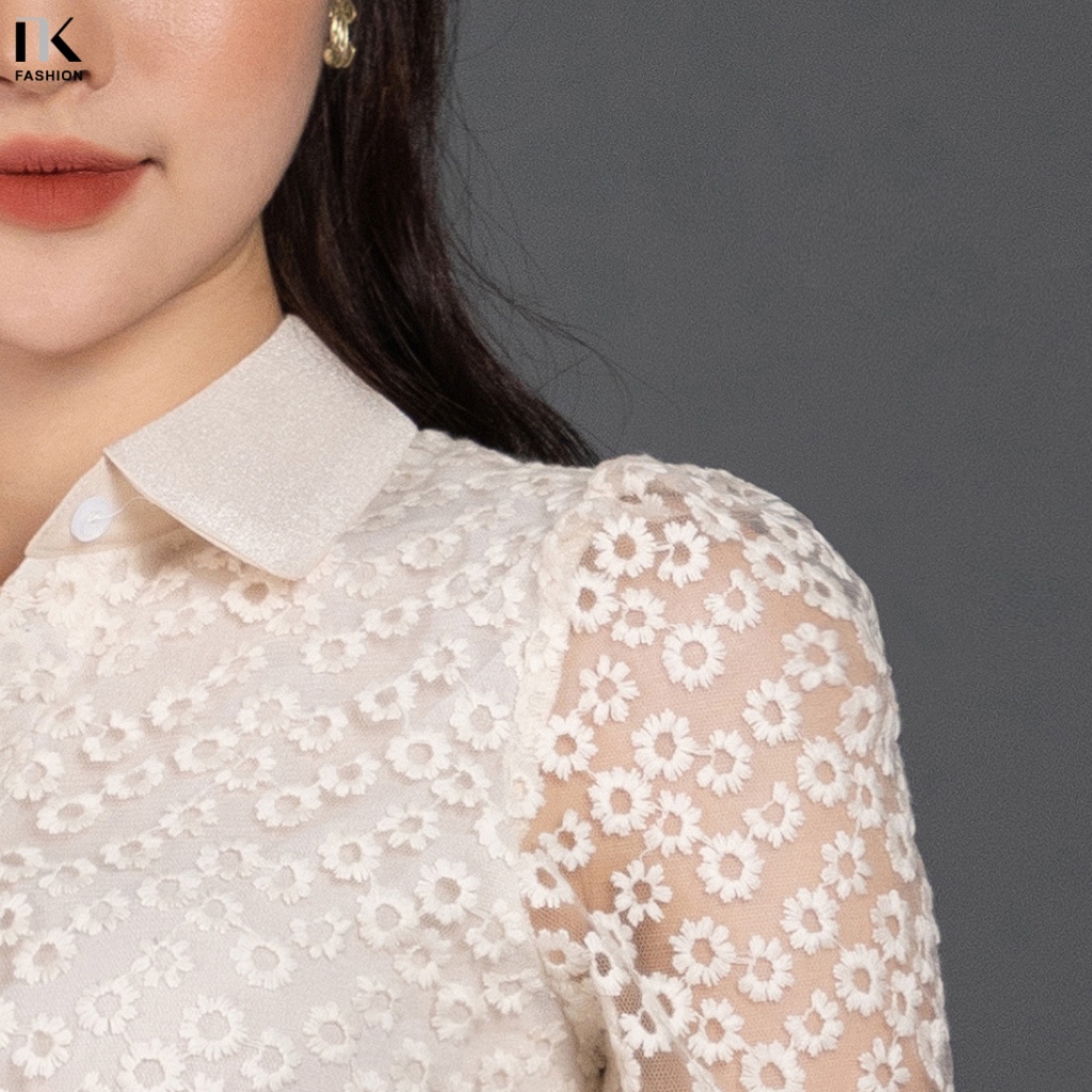 Áo Sơ Mi Cổ Đức NK FASHION Thiết Kế Ren Hoa Nhí Sang Trọng Chất Liệu Nhập Hàn Cao Cấp NKSM2206015