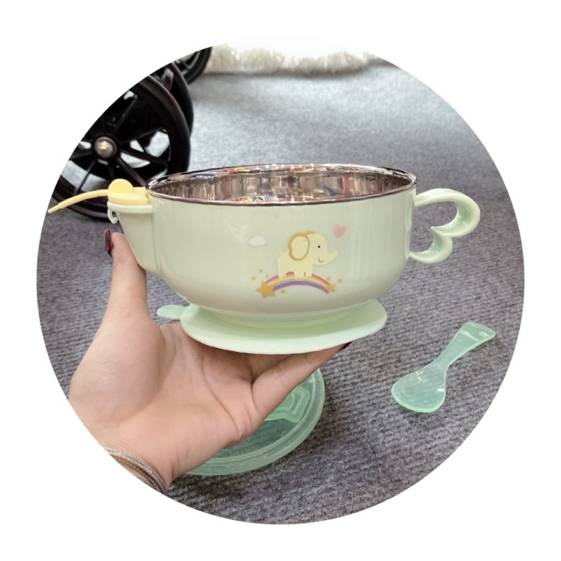 bát ăn dặm cho bé silicone chống đổ. bát ăn dặm inox có đế hít kèm thìa
