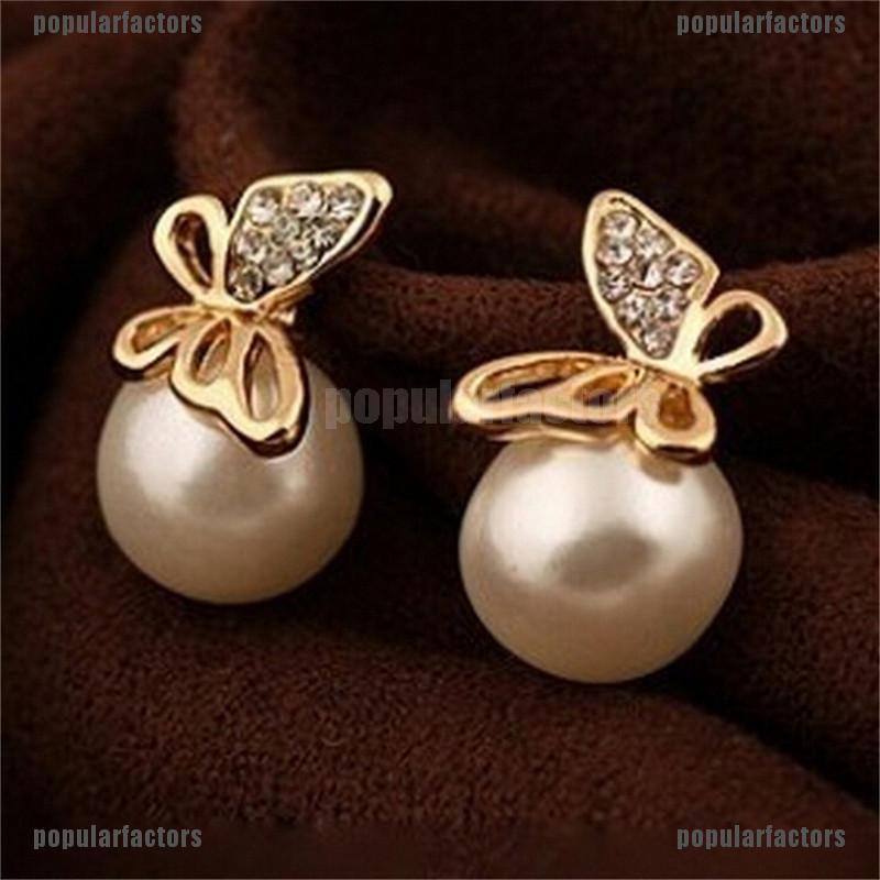 Khuyên tai ngọc trai giả màu vàng hình bướm đính đá pha lê giả thời trang cho nữ