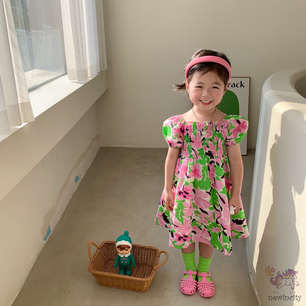 Đầm Công Chúa Tay Phồng Ngắn In Hoa Kiểu Hàn Quốc Thời Trang Mùa Hè Cho Bé Gái