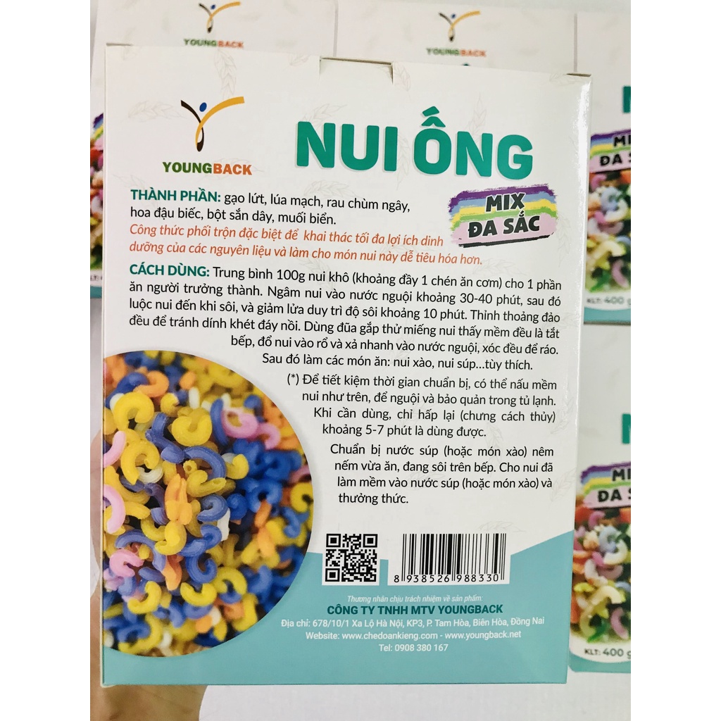 Nui ống đa sắc (gạo lứt, lúa mạch, chùm ngây, hoa đậu biếc) Young Back hộp lớn 400gr