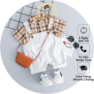 (còn sz 11-13kg) Set yếm công tử jean trắng kèm áo caro
