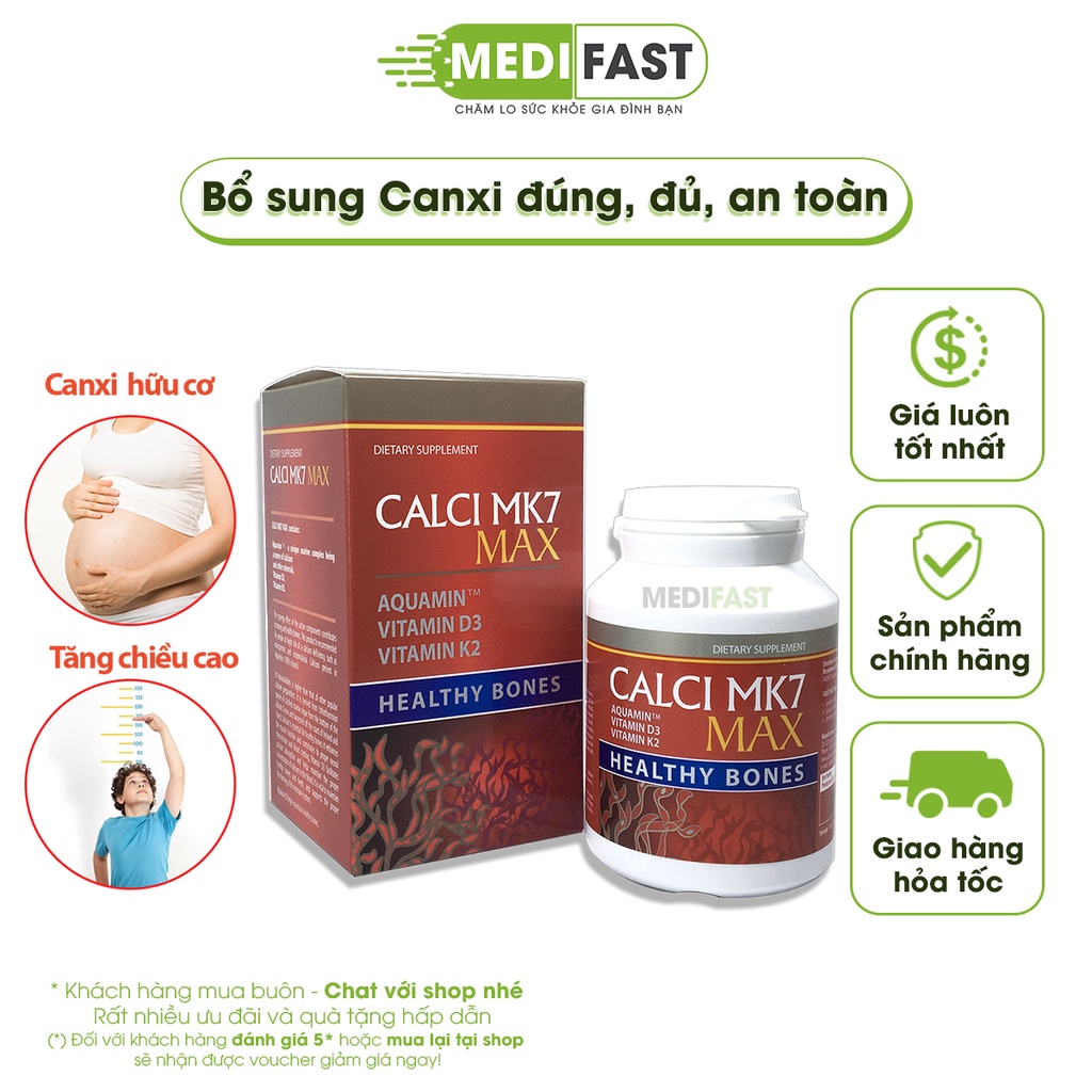 Canxi Calci Mk7 hữu cơ từ tảo biển đỏ Hộp 60 viên Nhập khẩu từ Châu Âu, có thêm D3 và K2 giảm loãng xương cho mẹ bầu