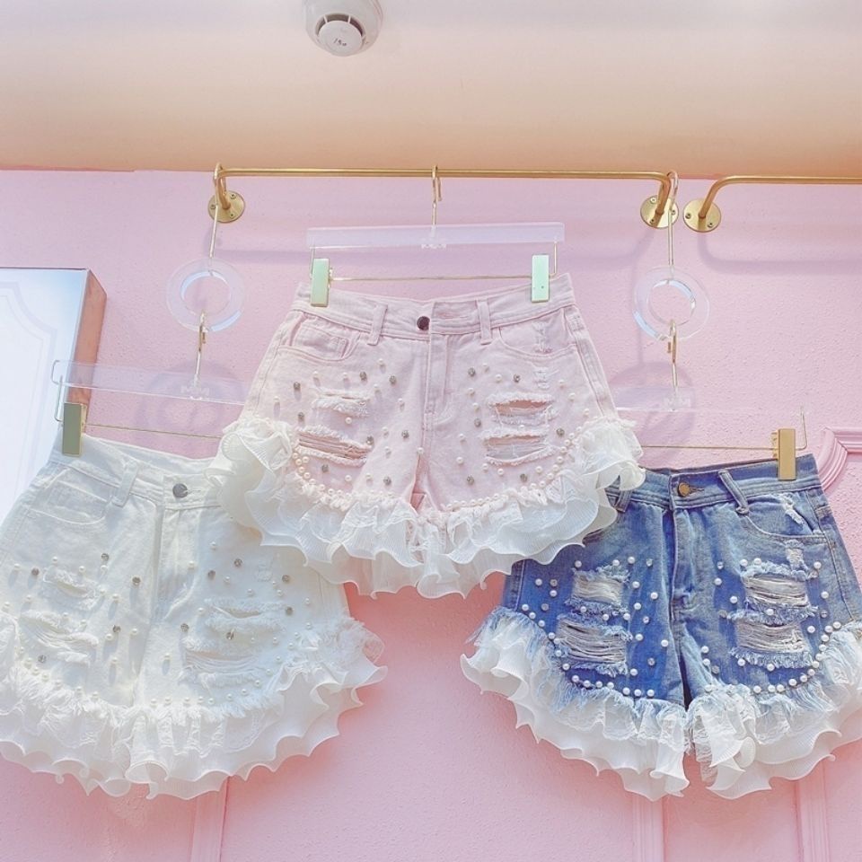 Quần Short denim Đính Hạt Có Kim Cương. Quần Short Jean Voan Ren. Nhìn kìa. Chiều Dài chân. Cạp Cao sexy. Kích Thước Lớn 5XL