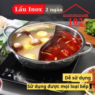 Nồi lẩu 2 ngăn 30cm có nắp kính, nồi lẩu inox 2 ngăn vung kính size 30cm nấu được bếp từ,