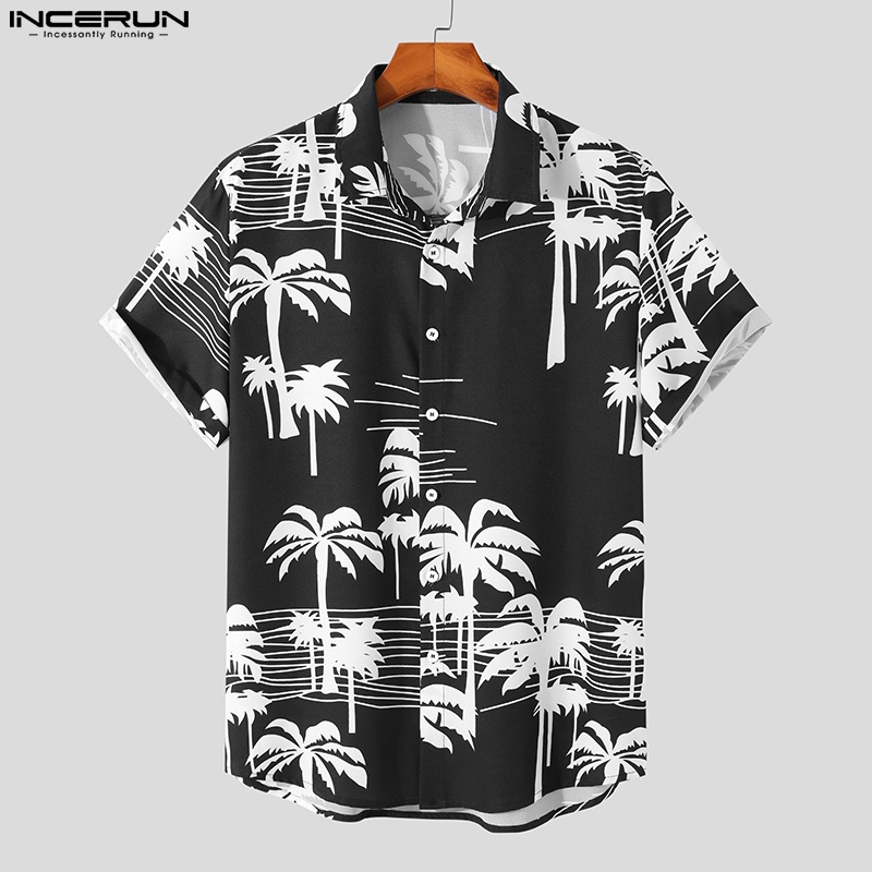 INCERUN Áo Sơ Mi Tay Ngắn Cổ Bẻ In Họa Tiết Độc Đáo Thời Trang Trẻ Trung Cho Nam